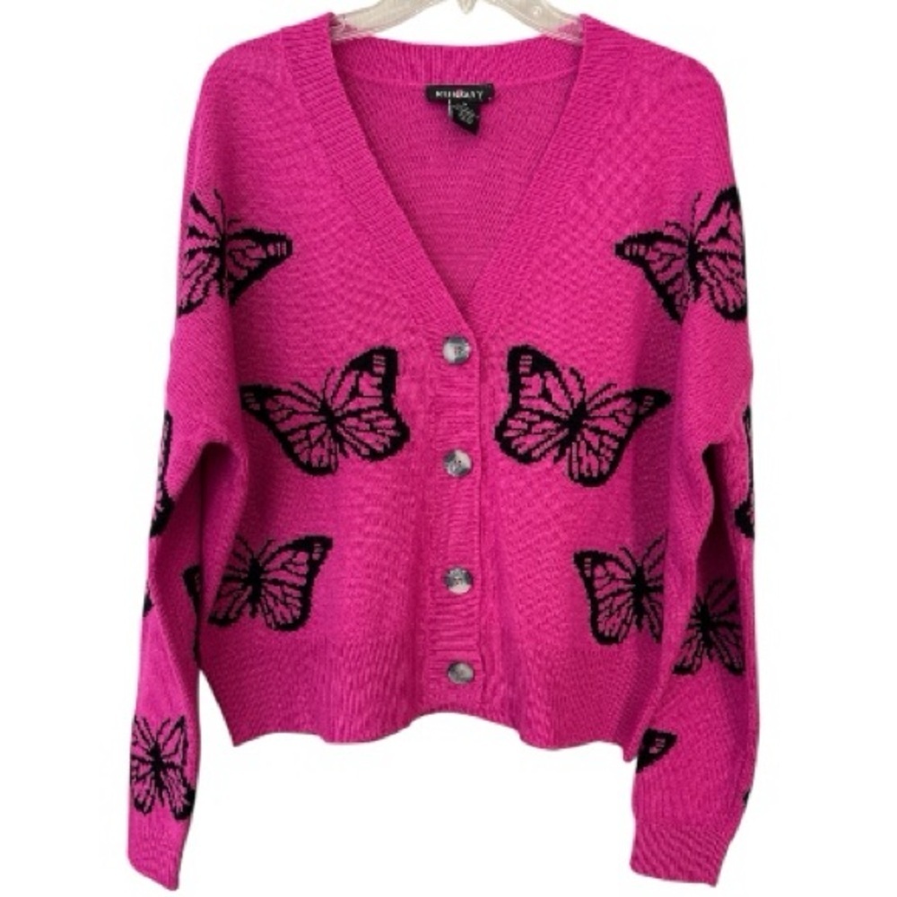 RUNWAY 7 cardigan sweater,oversized small, fuchsia pink,black butterflies.